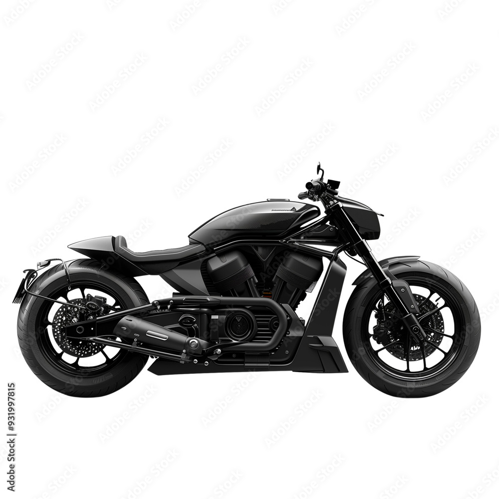 A dynamic side view of a contemporary black motorcycle, isolated on a transparent background A dynamic side view of a contemporary black motorcycle, isolated on a transparent background