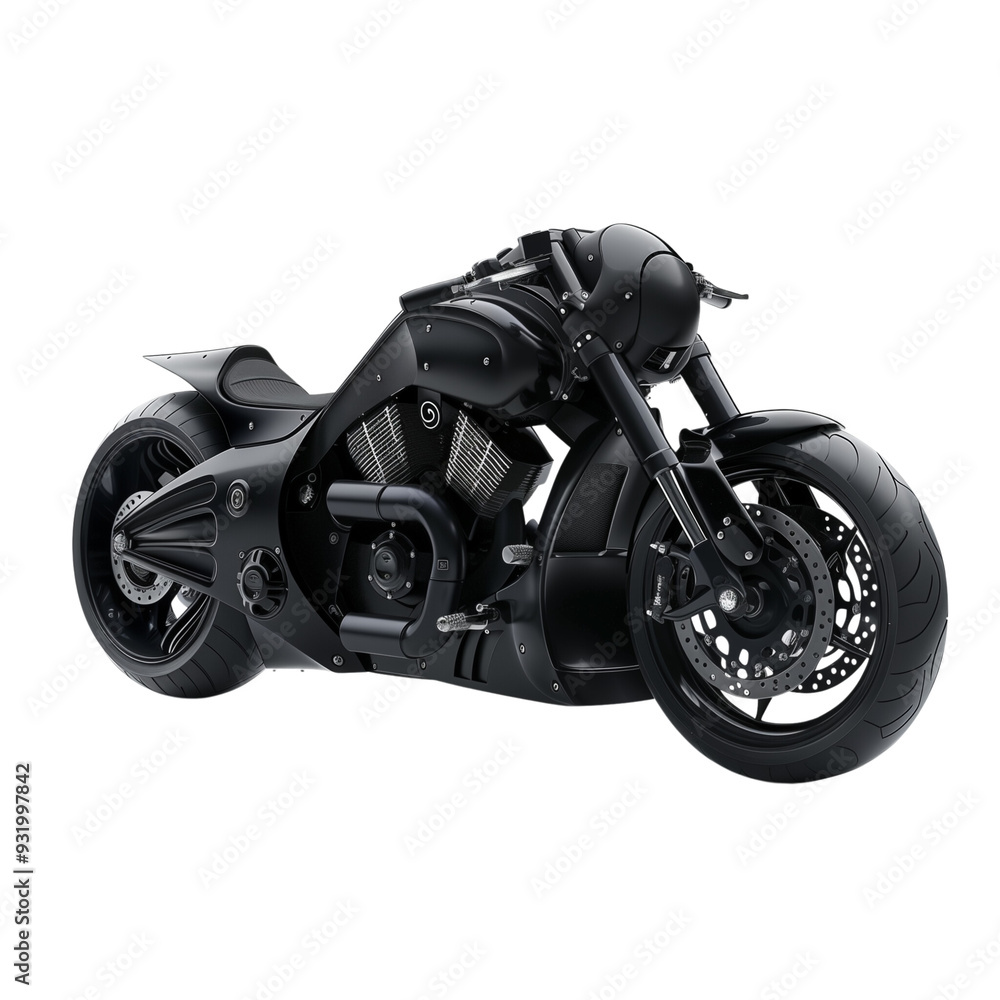 A dynamic side view of a contemporary black motorcycle, isolated on a transparent background A dynamic side view of a contemporary black motorcycle, isolated on a transparent background