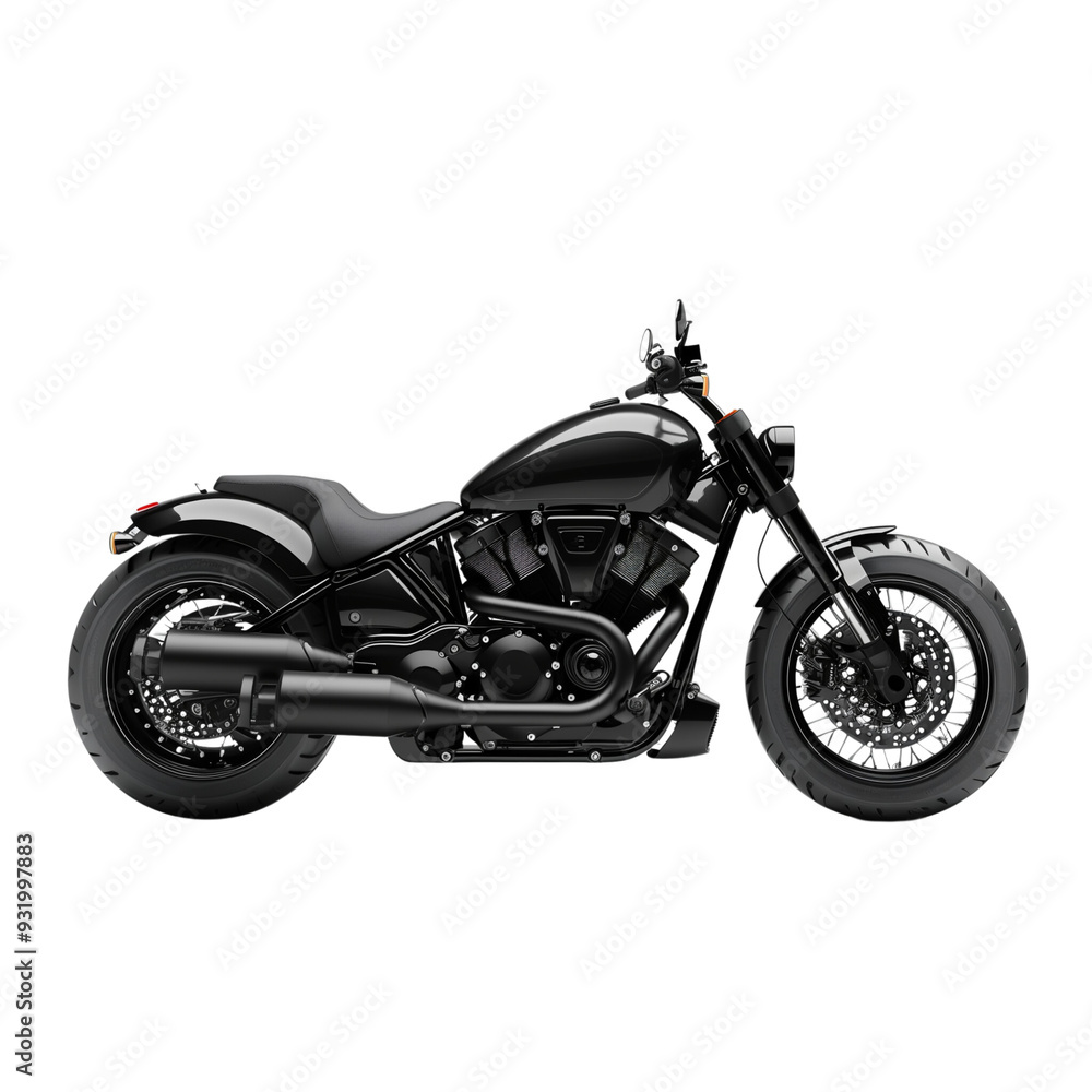 A dynamic side view of a contemporary black motorcycle, isolated on a transparent background A dynamic side view of a contemporary black motorcycle, isolated on a transparent background