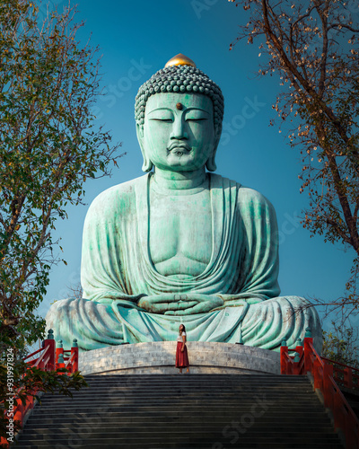 Konstfotografi Woman Posing Before the Great Buddha of Kamakura-Style at Wat Doi Phra Chan, Lam