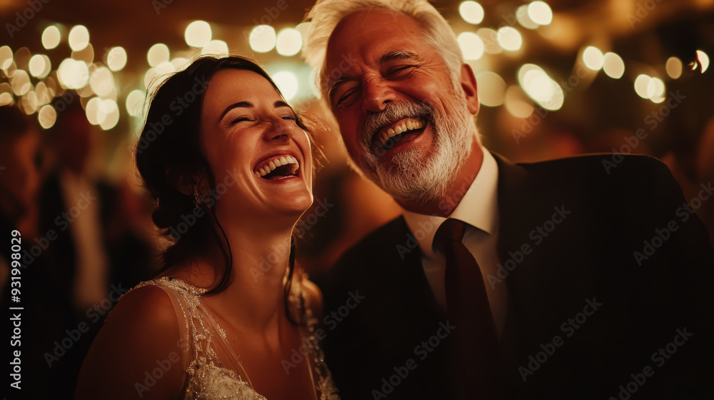 Joyful celebration moment between a young woman and an older man, smiling brightly at a festive event with warm bokeh lights in the background Joyful celebration moment between a young woman and an older man, smiling brightly at a festive event with warm bokeh lights in the background