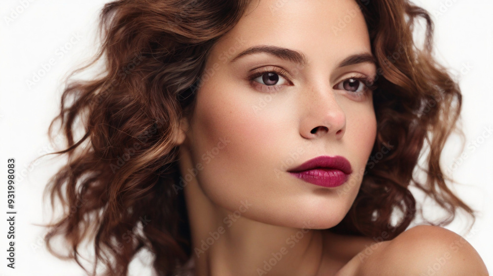 Close up studio portrait of natural beautiful woman with plum red lipstick Close up studio portrait of natural beautiful woman with plum red lipstick