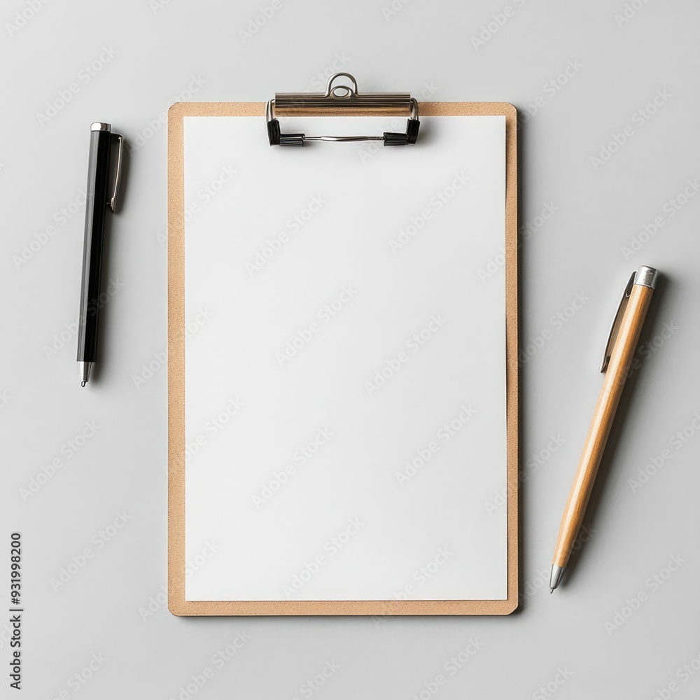 Blank Clipboard with Pens on Gray Background Blank Clipboard with Pens on Gray Background