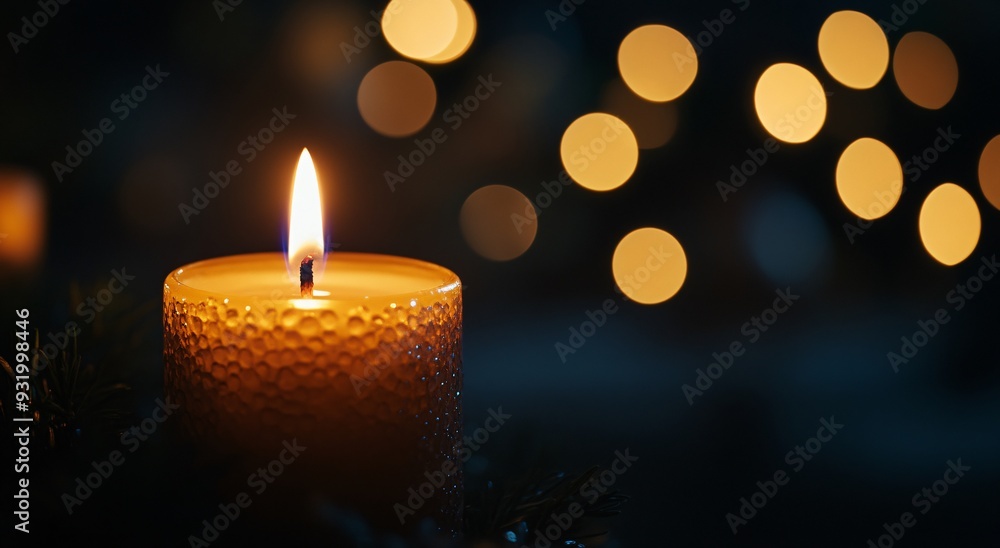 Warm Candlelight Glow Against Dark Background with Bokeh Lights Warm Candlelight Glow Against Dark Background with Bokeh Lights