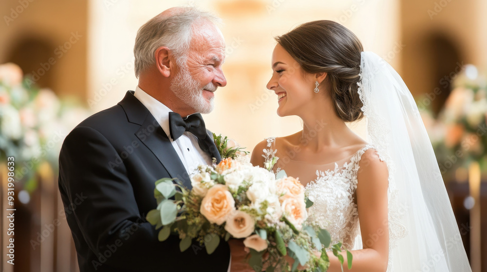 Bride with bouquet smiling at father in formal attire, captured in an elegant indoor wedding setting with floral decorations Bride with bouquet smiling at father in formal attire, captured in an elegant indoor wedding setting with floral decorations