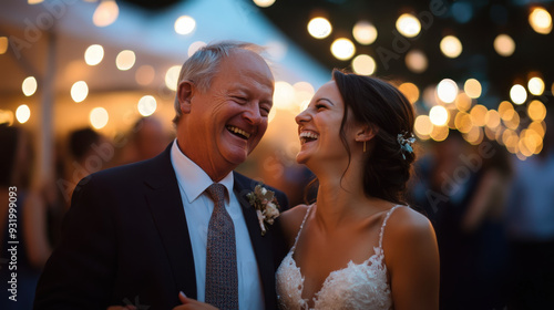 Joyful father-daughter dance at a wedding celebration, captured with warm bokeh lights creating an enchanting atmosphere