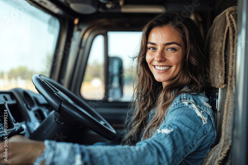 Portrait of a smiling woman looking at the camera driving a vintage camper.