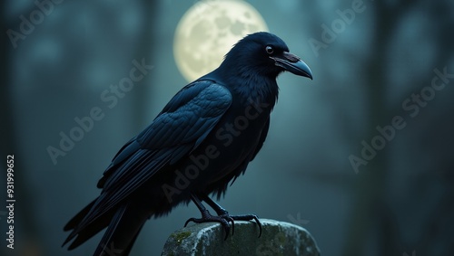 Raven perched on a branch under a full moon