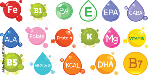 Vitamins and minerals flat icons set collection