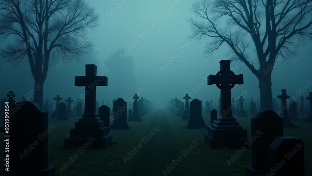 Foggy Cemetery with Crosses and Headstones Foggy Cemetery with Crosses and Headstones