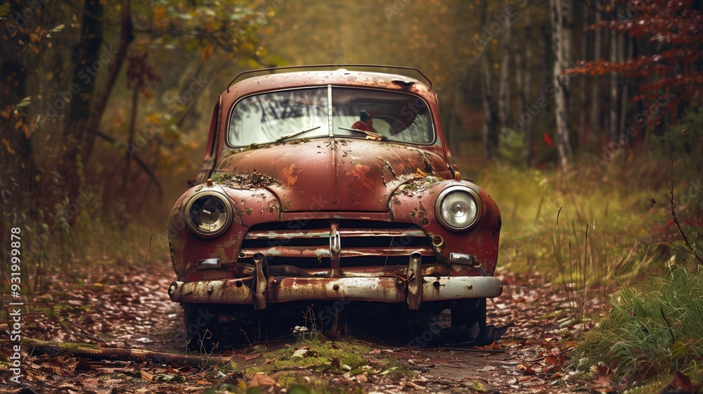 An old, rusted car sits lonely on a dirt path, surrounded by colorful autumn leaves and trees, capturing a moment of nostalgia in a serene woodland setting An old, rusted car sits lonely on a dirt path, surrounded by colorful autumn leaves and trees, capturing a moment of nostalgia in a serene woodland setting