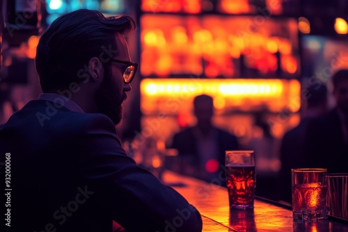 Man in a dimly lit bar enjoying a drink alone creating a moody introspective atmosphere with warm tones and a sense of solitude capturing a moment of quiet reflection in a social setting photo