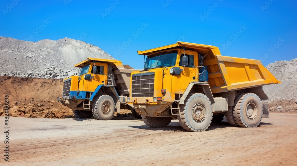 Two large yellow dump trucks stand ready at a construction site, surrounded by piles of dirt and rocky materials, under a vibrant blue sky Two large yellow dump trucks stand ready at a construction site, surrounded by piles of dirt and rocky materials, under a vibrant blue sky
