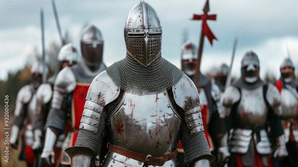A line of armored knights, equipped with swords and shields, advance through a forest clearing, showcasing their ornate armor and banners on a cloudy day A line of armored knights, equipped with swords and shields, advance through a forest clearing, showcasing their ornate armor and banners on a cloudy day
