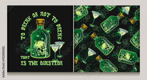 Pattern with bottle, label of green potion with human skull inside, martini glass with with poisonous cocktail. Distorted spiderweb with crawling spiders on background. Halloween creepy graphics