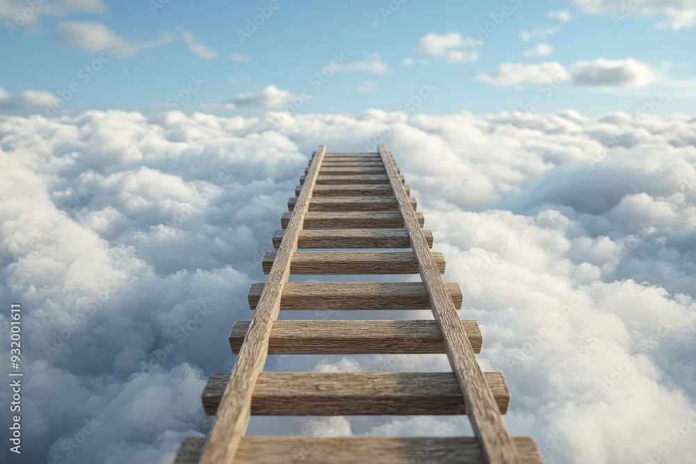 Progress ladder, reaching towards a bright future in the clouds, 3D illustration Progress ladder, reaching towards a bright future in the clouds, 3D illustration