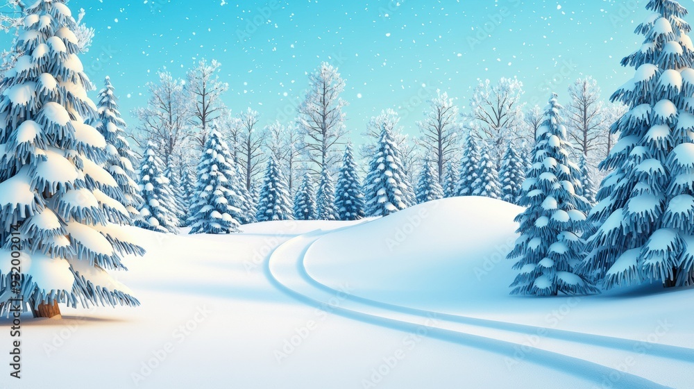 Naklejka premium Magical winter scene with snow-laden trees and a soft snowfall, beautifully in a stunning 3d illustration