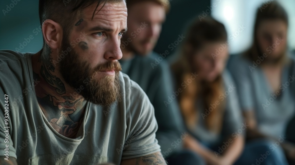People attending a support group for addiction recovery, sharing stories and encouragement, expressions of vulnerability and strength, promoting mental health and recovery, indoor circle setting People attending a support group for addiction recovery, sharing stories and encouragement, expressions of vulnerability and strength, promoting mental health and recovery, indoor circle setting