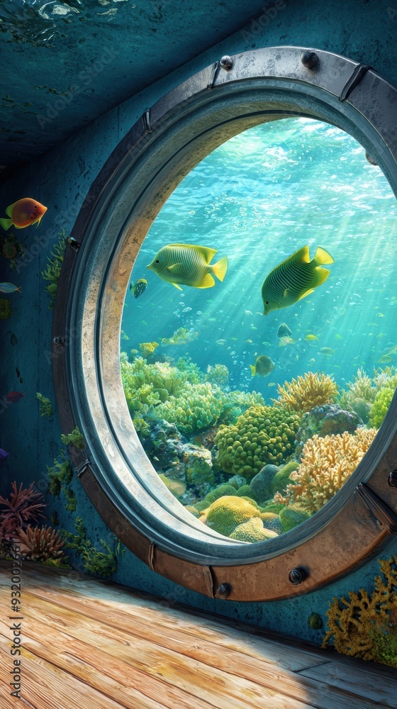 Obraz premium Vibrant underwater observatory with fish swimming near coral reef in stunning 3d illustration