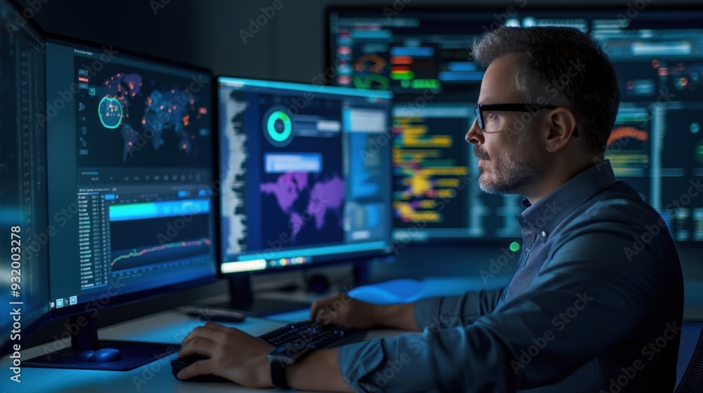 A cybersecurity analyst works intently at night, overseeing various digital displays that show network activity and global threat monitoring while ensuring data integrity A cybersecurity analyst works intently at night, overseeing various digital displays that show network activity and global threat monitoring while ensuring data integrity