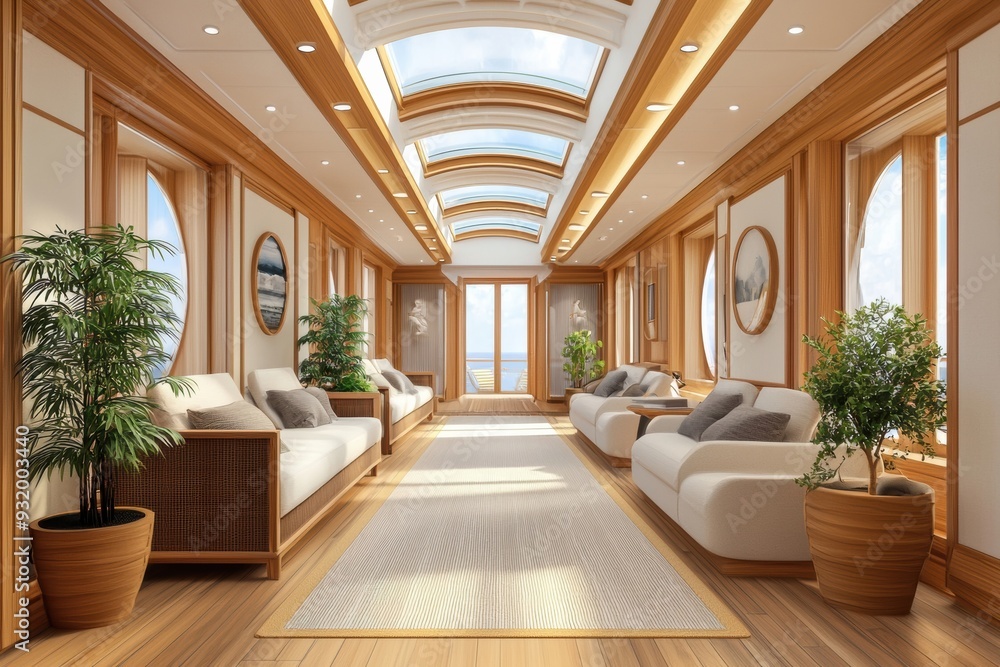 Elegant yacht interior design with polished wood and sweeping panoramic windows captured in a detailed 3d illustration Elegant yacht interior design with polished wood and sweeping panoramic windows captured in a detailed 3d illustration