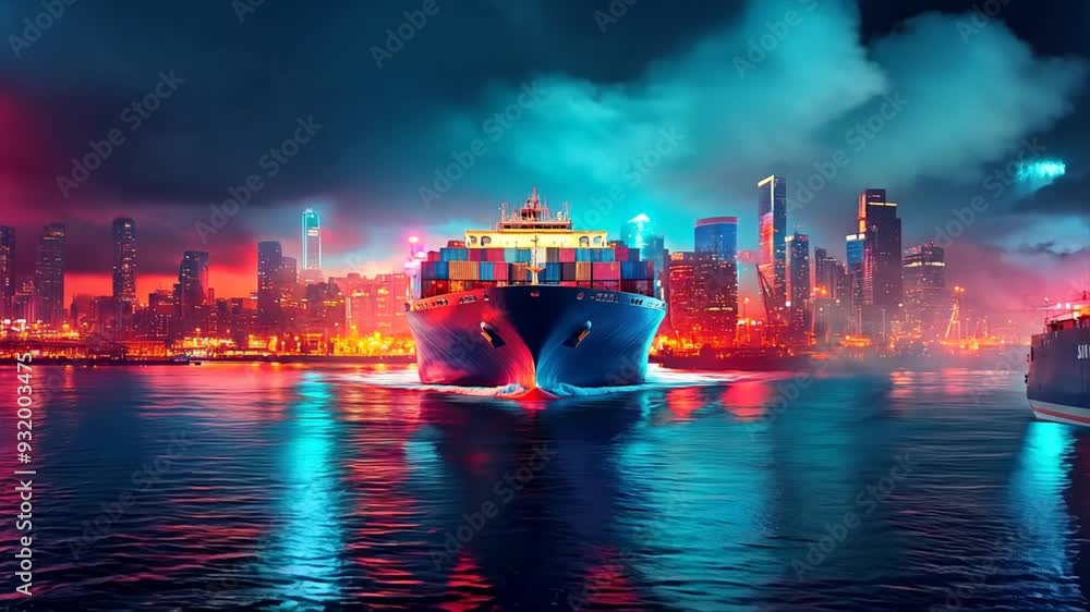 A large cargo ship sails towards a city skyline at dusk, reflecting ...