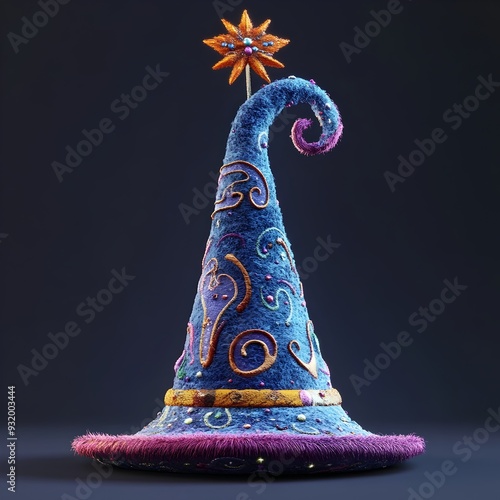 Whimsical 3D Cartoon Witch s Hat with Magical Wand in Vibrant Children s Book Style photo