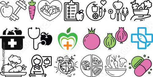 Vitamins and minerals flat icons set collection