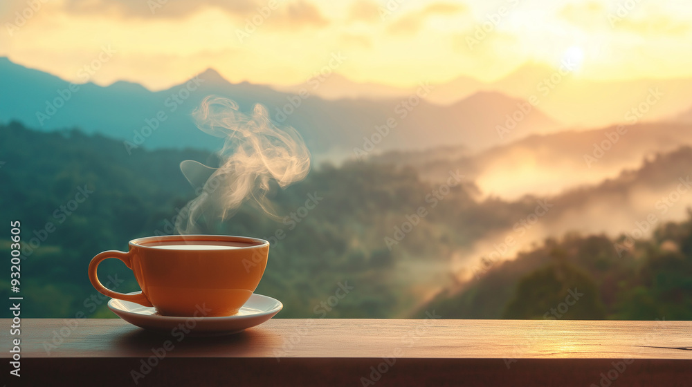 Hot coffee with smoke coming out against a beautiful mountain backdrop. Hot coffee with smoke coming out against a beautiful mountain backdrop.