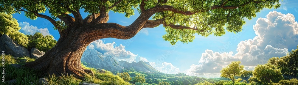 Impressive 3d illustration of a giant tree with branches spreading across a vibrant forest sky