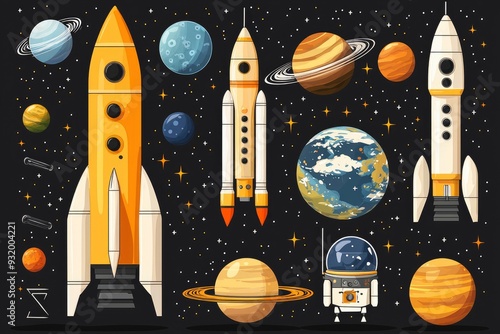 Space Exploration Illustration with Rockets, Planets, and Stars photo