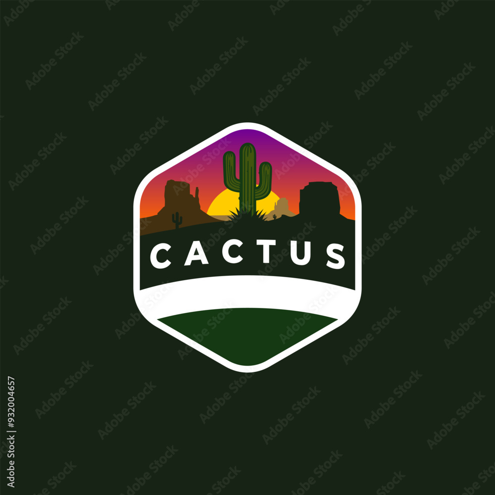Obraz premium Cactus hexagon desert badge logo, emblem,modern, vector element landscape
