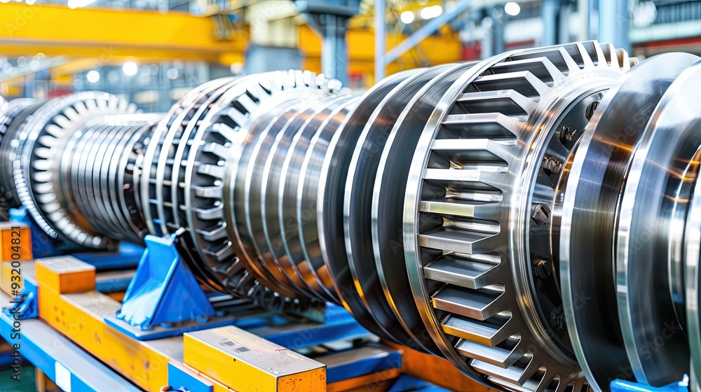 Obraz premium Close-up of an automobile gearbox with steel gears on the transmission shaft. The gears are all different sizes and are connected to each other. Gearbox. Illustration for brochure, advertising, etc.