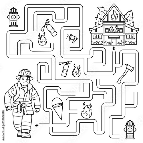 Puzzle for kids. Labyrinth. Find the fireman's way to the burning house. Coloring for kids