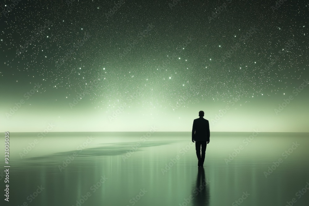 Serene figure standing alone by a tranquil reflective lake under a green tinged sky capturing solitude and peace in a minimalistic ethereal landscape Serene figure standing alone by a tranquil reflective lake under a green tinged sky capturing solitude and peace in a minimalistic ethereal landscape