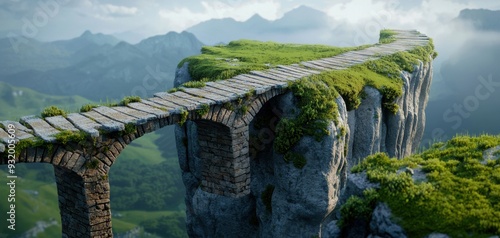 Impressive 3d illustration of a fantasy bridge crossing a deep chasm, set in an expansive and epic landscape full of wonder