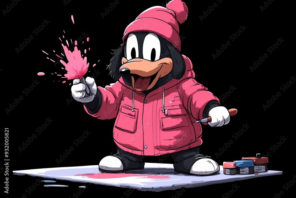 Cartoon Dog Wearing Pink Jacket and Hat Painting with Splashes of Color Cartoon Dog Wearing Pink Jacket and Hat Painting with Splashes of Color