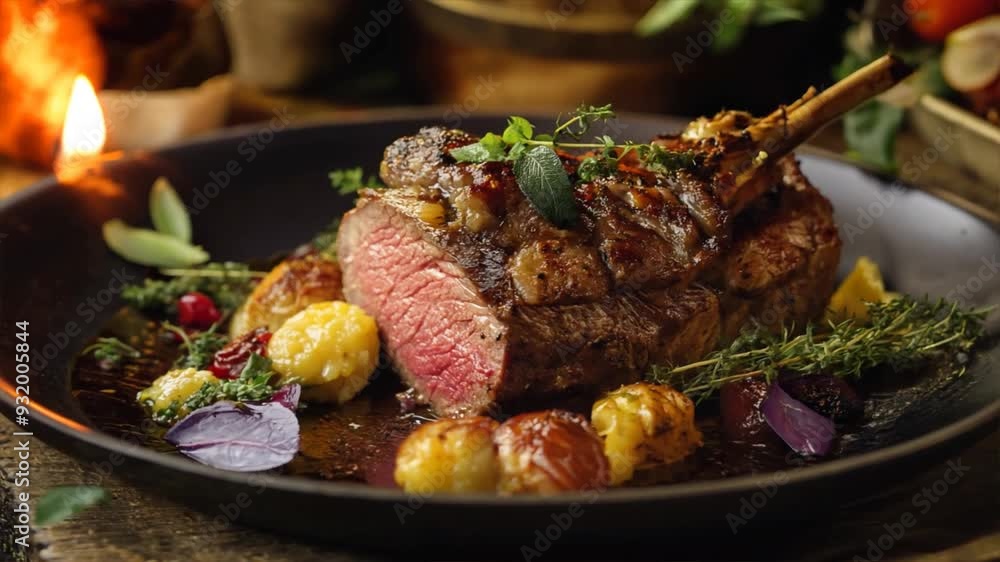 Gourmet roast lamb served with assorted vegetables, garnished with fresh herbs, presented in a black plate for a delightful dining experience. Gourmet roast lamb served with assorted vegetables, garnished with fresh herbs, presented in a black plate for a delightful dining experience.
