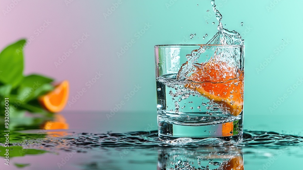 An orange is dropped into a glass of water, causing a splash and a green leaf in the background An orange is dropped into a glass of water, causing a splash and a green leaf in the background