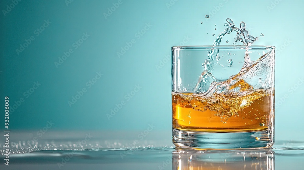 A glass of whiskey with a splash of water on top and bottom A glass of whiskey with a splash of water on top and bottom