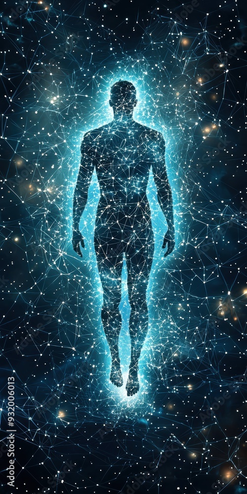 A 3d illustration of a human figure experiencing astral projection surrounded by a galaxy of stars and mystical energy A 3d illustration of a human figure experiencing astral projection surrounded by a galaxy of stars and mystical energy