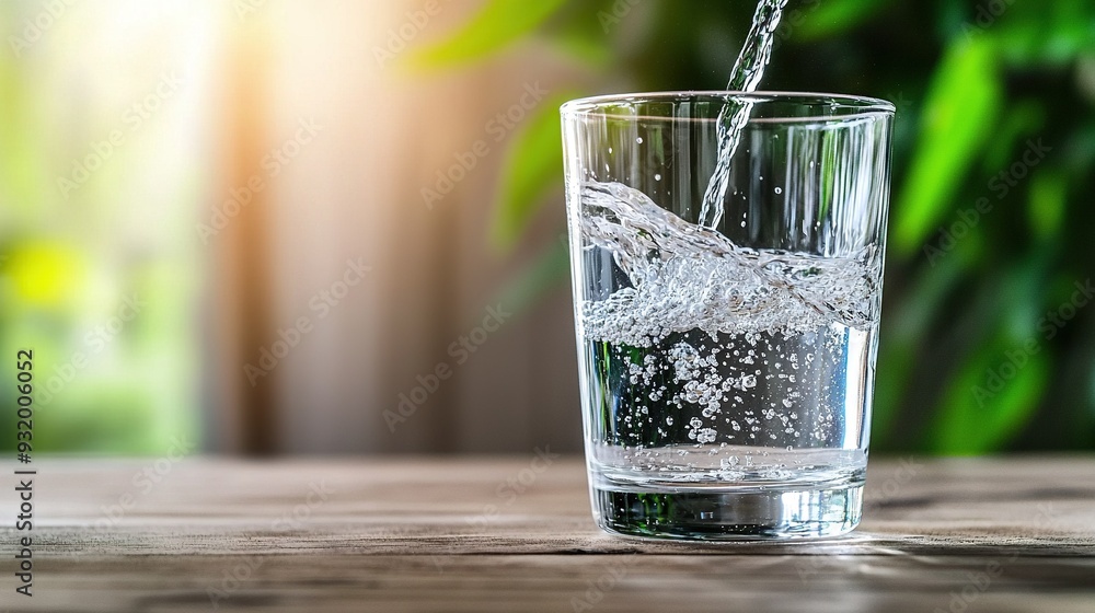 Glass holding water sits atop wooden table, surrounded by green foliage background Glass holding water sits atop wooden table, surrounded by green foliage background