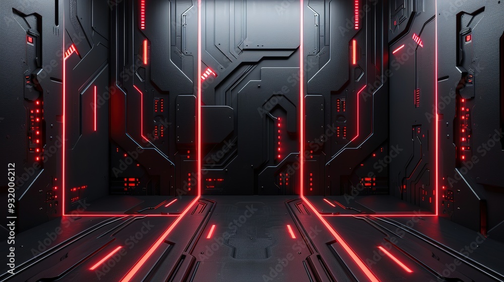 Futuristic black metal room with red neon lights. Futuristic black metal room with red neon lights.