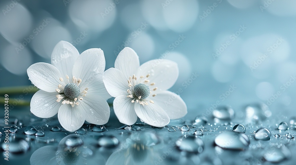 A pair of white blossoms rests beside each other on a blue and white background, adorned with water droplets A pair of white blossoms rests beside each other on a blue and white background, adorned with water droplets