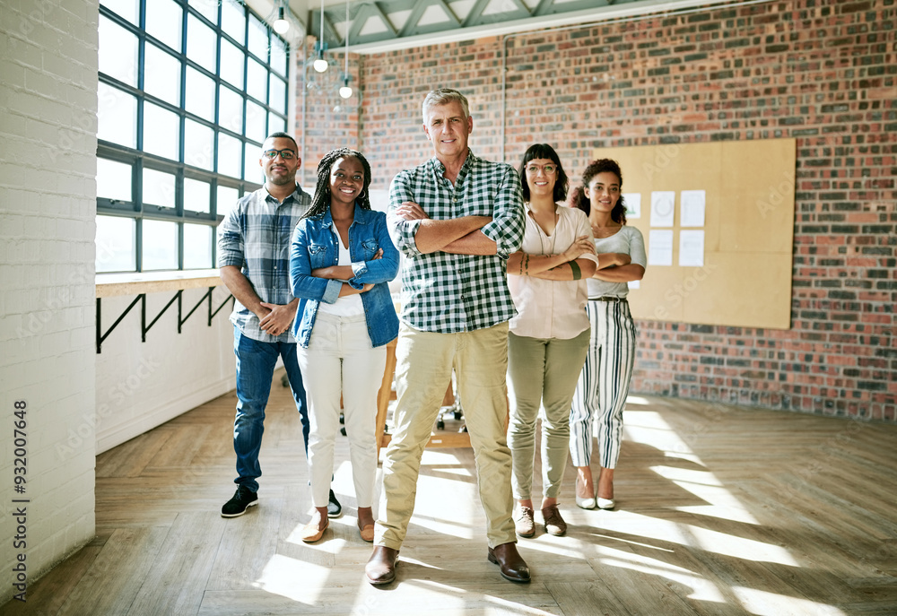 Obraz premium Portrait, business people and boss with arms crossed, startup and creative agency with collaboration. Face, group and employees in modern office, design team and cooperation with leadership or smile