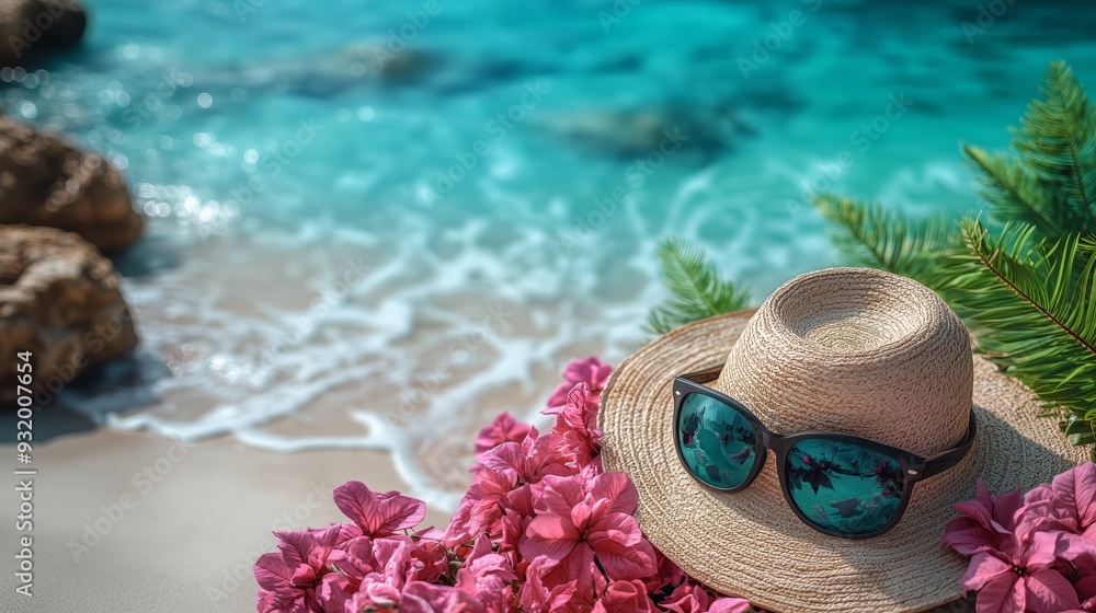 A close-up view of a straw hat decorated with vibrant pink flowers and stylish black sunglasses on white sand against a backdrop of turquoise sea waves under the bright sun A close-up view of a straw hat decorated with vibrant pink flowers and stylish black sunglasses on white sand against a backdrop of turquoise sea waves under the bright sun