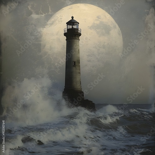 Majestic Lighthouse Stands Tall Against Turbulent Moonlit Ocean Seascape photo