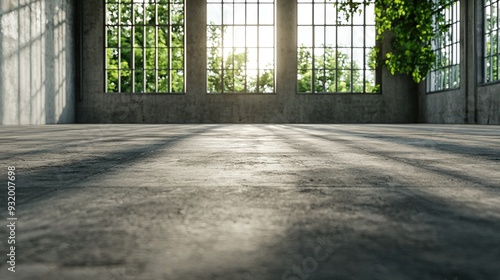  A sparsely decorated room containing three windows and a lush plant bathed in sunlight streaming through the glass photo