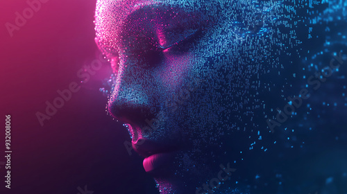 close up of a face made up entirely of digital particles, set against an abstract dark background with neon pink and blue tones