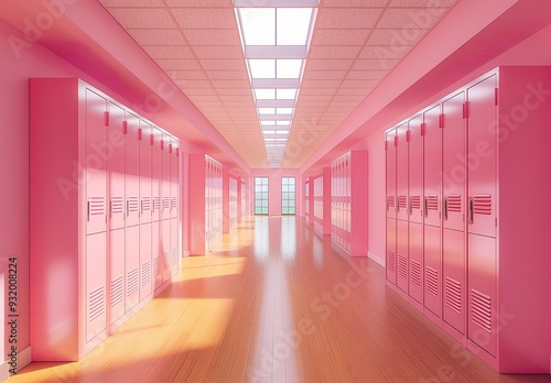 School hallway with pastel pink lockers on both sides, wooden flooring, featuring large windows at the end of the hall.